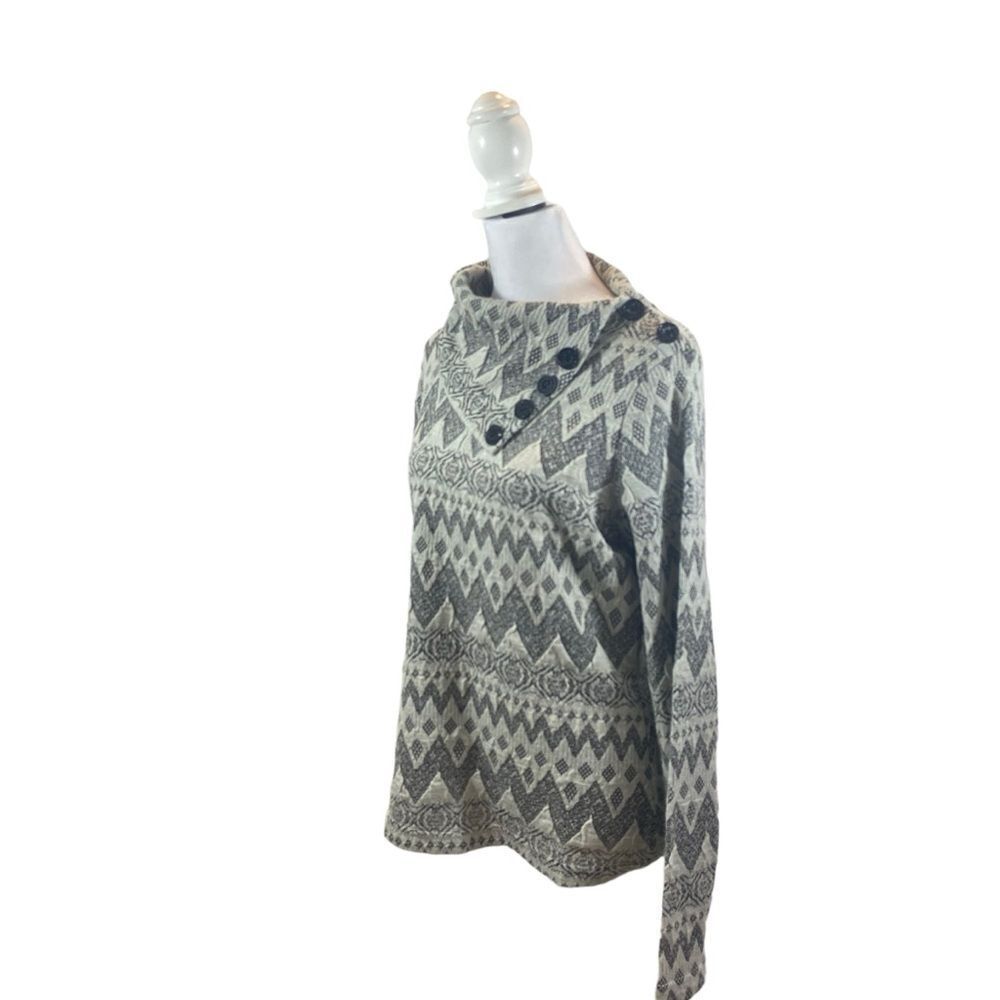 Ladies Sno Skins Black and Beige Print Button Down Collar Long Sleeve Blouse L